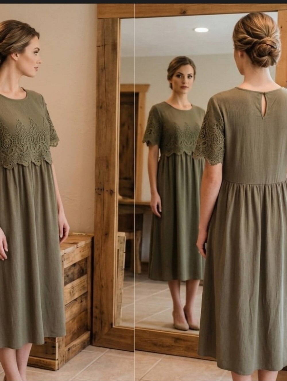 Olive hi waist lace trim dress sz S Orange Creek